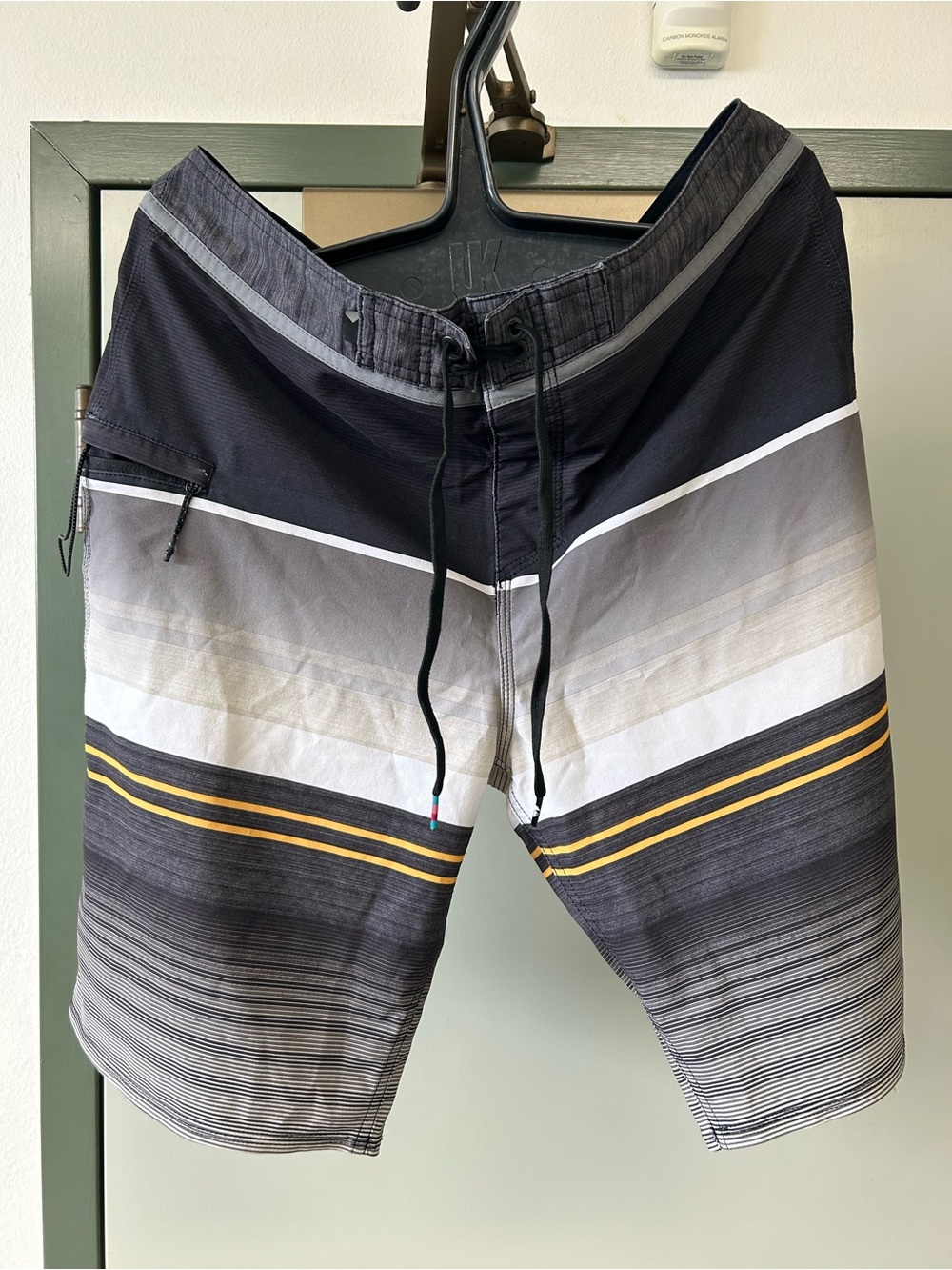 Quiksilver Black Gray White Board Shorts with Yellow Stripe 32
